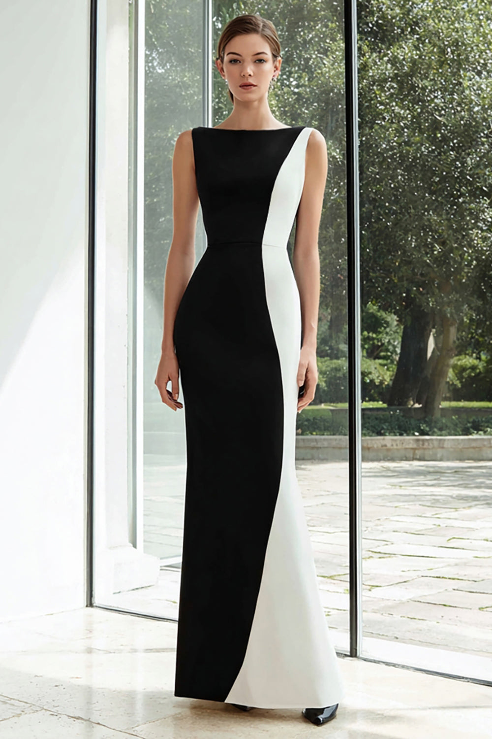 Black and White Bateau Neck Patchwork Long Formal Dress