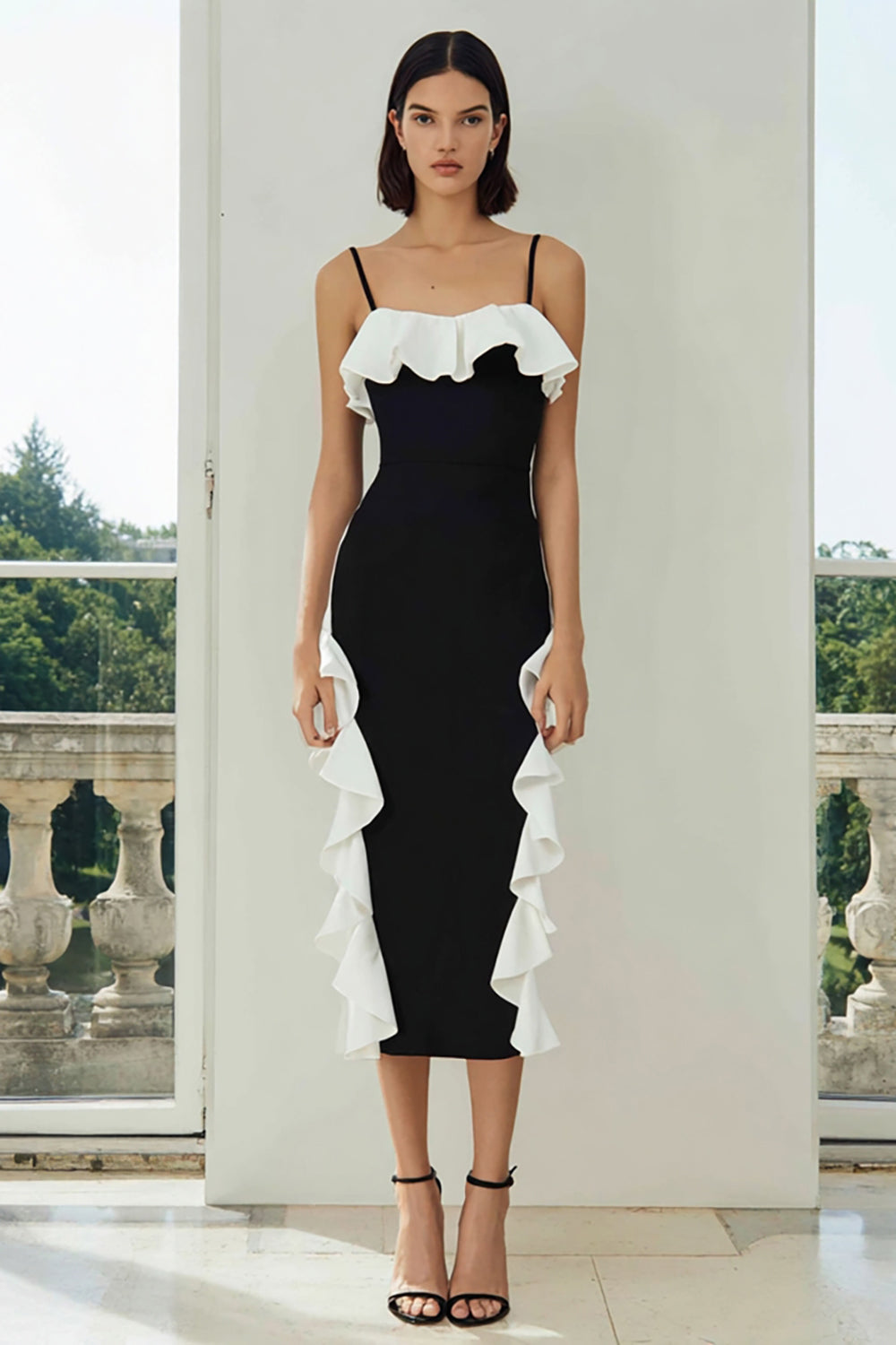 Black and White Pencil Spaghetti Straps Midi Formal Dress with Ruffles