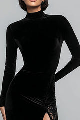 Black Velvet Mermaid High Neck Long Sleeves Holiday Party Dress with Slit