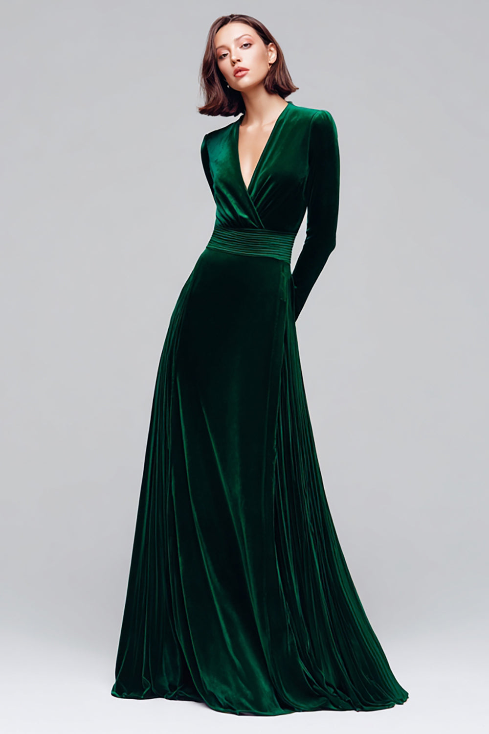 Dark Green Velvet A Line V-Neck Long Sleeves Holiday Party Dress