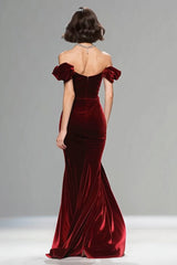 Sparkly Burgundy Velvet Mermaid Long Holiday Party Dress with Beading