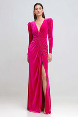 Fuchsia Ruched Velvet Sheath Long Sleeves Holiday Party Dress with Slit