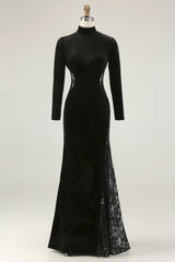 Black Velvet Mermaid High Neck Maxi Formal Dress with Lace