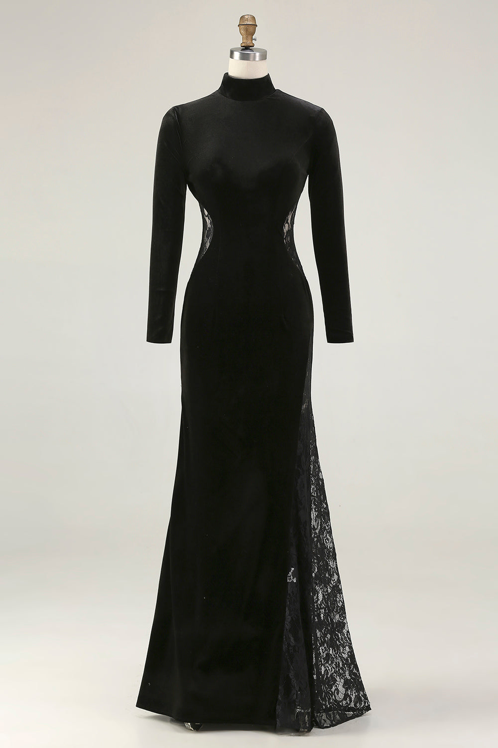 Black Velvet Mermaid High Neck Maxi Formal Dress with Lace
