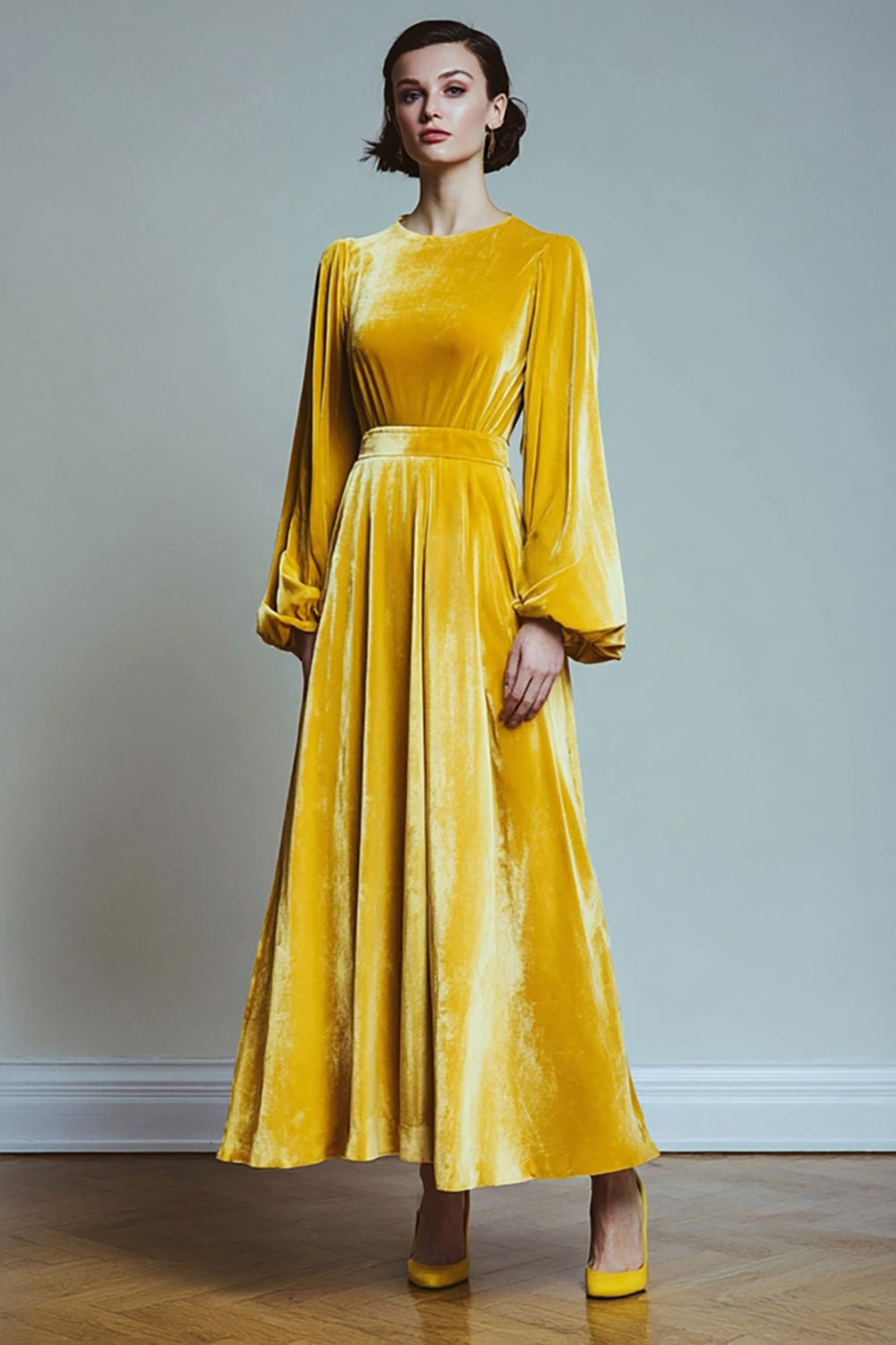Yellow A Line Velvet Round Neck Long Sleeves Holiday Party Dress