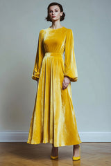 Yellow A Line Velvet Round Neck Long Sleeves Holiday Party Dress