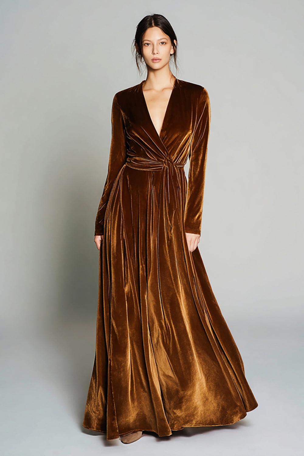 Brown Velvet Pleated A Line V-Neck Long Sleeves Holiday Party Dress