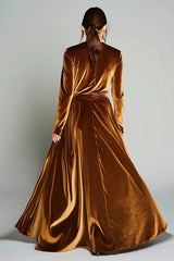 Brown Velvet Pleated A Line V-Neck Long Sleeves Holiday Party Dress