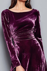 Plum Velvet A Line Boat Neck Long Sleeves Holiday Party Dress