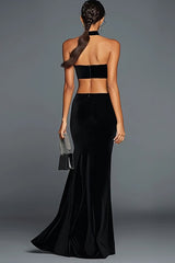 Black Mermaid Velvet Halter Long Holiday Party Dress with Slit