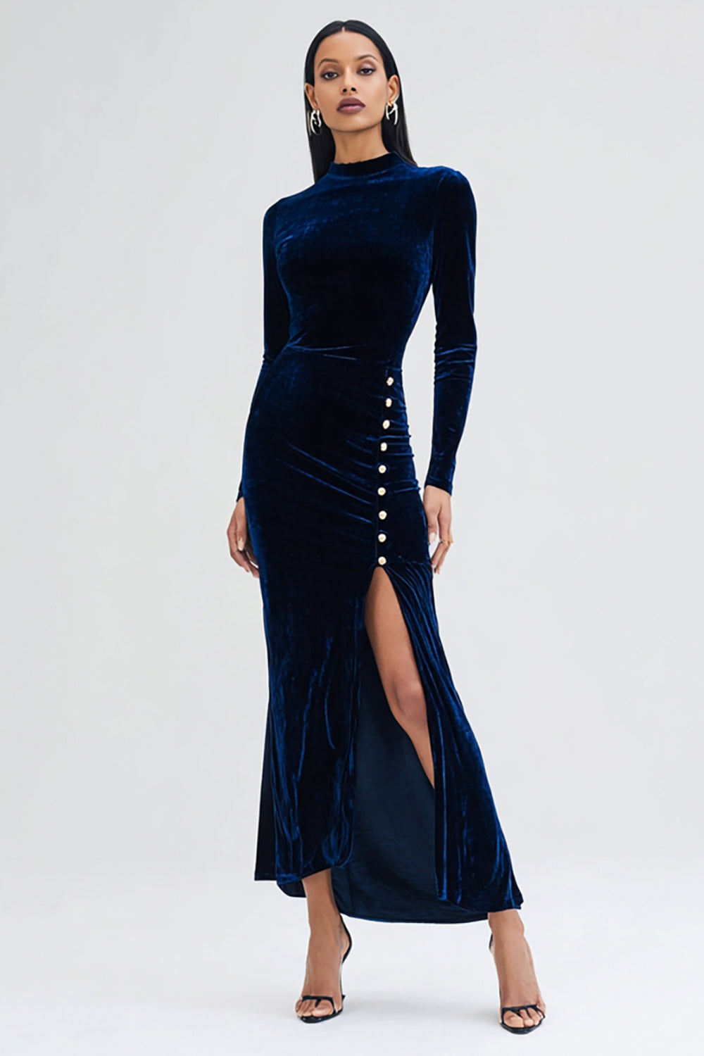 Navy Velvet High Neck Long Sleeves Holiday Party Dress with Slit