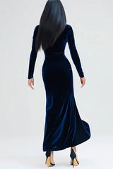 Navy Velvet High Neck Long Sleeves Holiday Party Dress with Slit