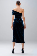Navy Velvet Sheath Midi Holiday Party Dress with Slit