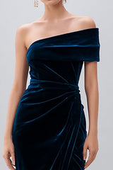 Navy Velvet Sheath Midi Holiday Party Dress with Slit