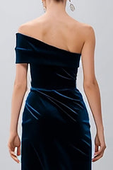 Navy Velvet Sheath Midi Holiday Party Dress with Slit