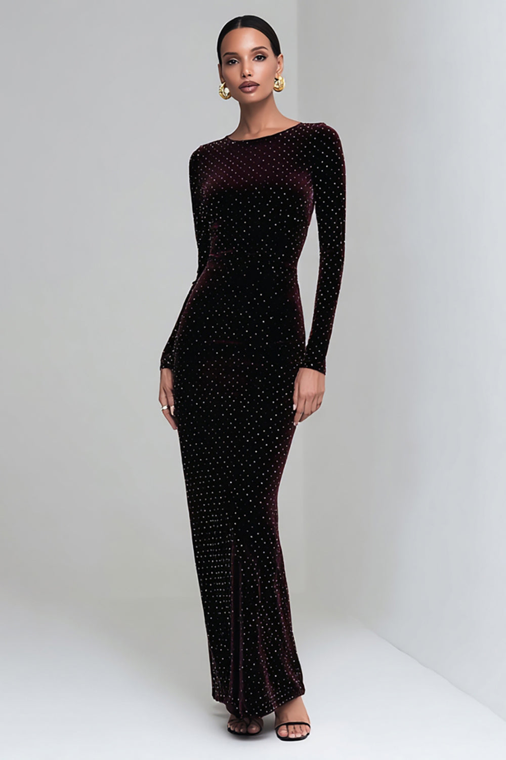 Coffee Velvet Mermaid Long Holiday Party Dress with Sleeves