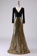 Sparkly Gold and Black Velvet V-Neck Long Holiday Party Dress with Sleeves