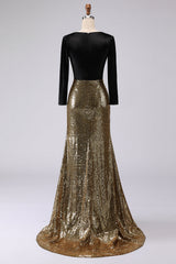 Sparkly Gold and Black Velvet V-Neck Long Holiday Party Dress with Sleeves