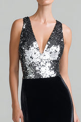 Sparkly Black and Silver Velvet V-Neck Long Holiday Party Dress with Sequins