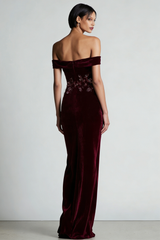 Burgundy Off the Shoulder Velvet Long Floral Holiday Party Dress