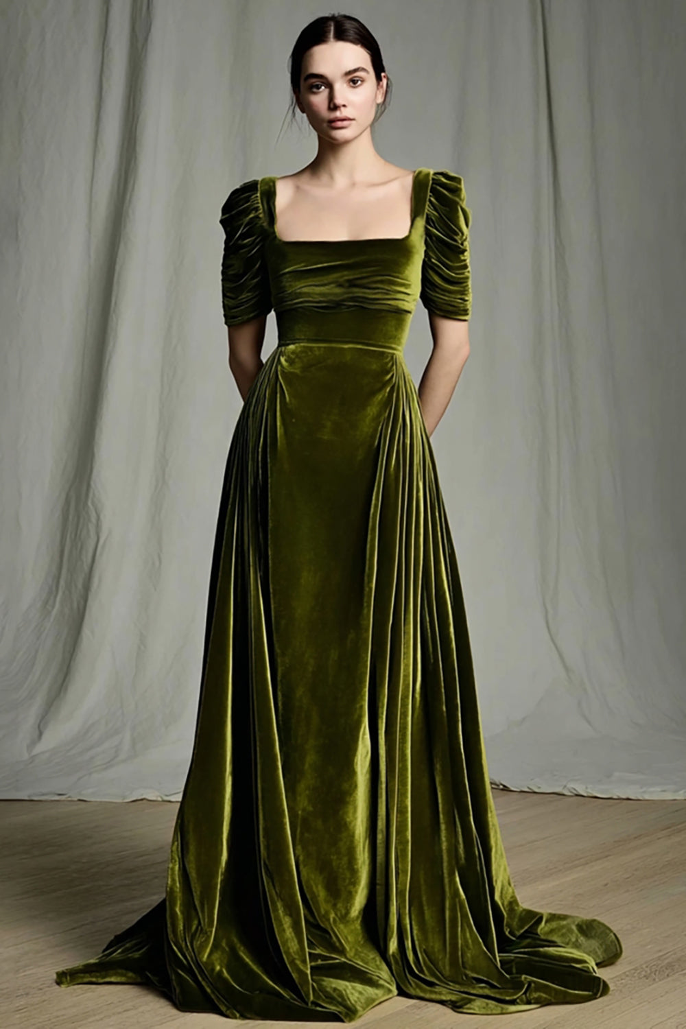 Olive A Line Velvet Square Neck Long Holiday Party Dress with Sleeves