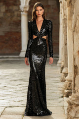 Sparkly Black V-Neck Cut Out Sequin Long Holiday Party Dress with Sleeves
