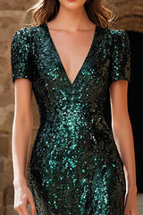 Sparkly Dark Green Sequin V-Neck Long Holiday Party Dress with Sleeves