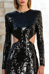 Sparkly Black Cut Out Sequin Long Sleeves Holiday Party Dress