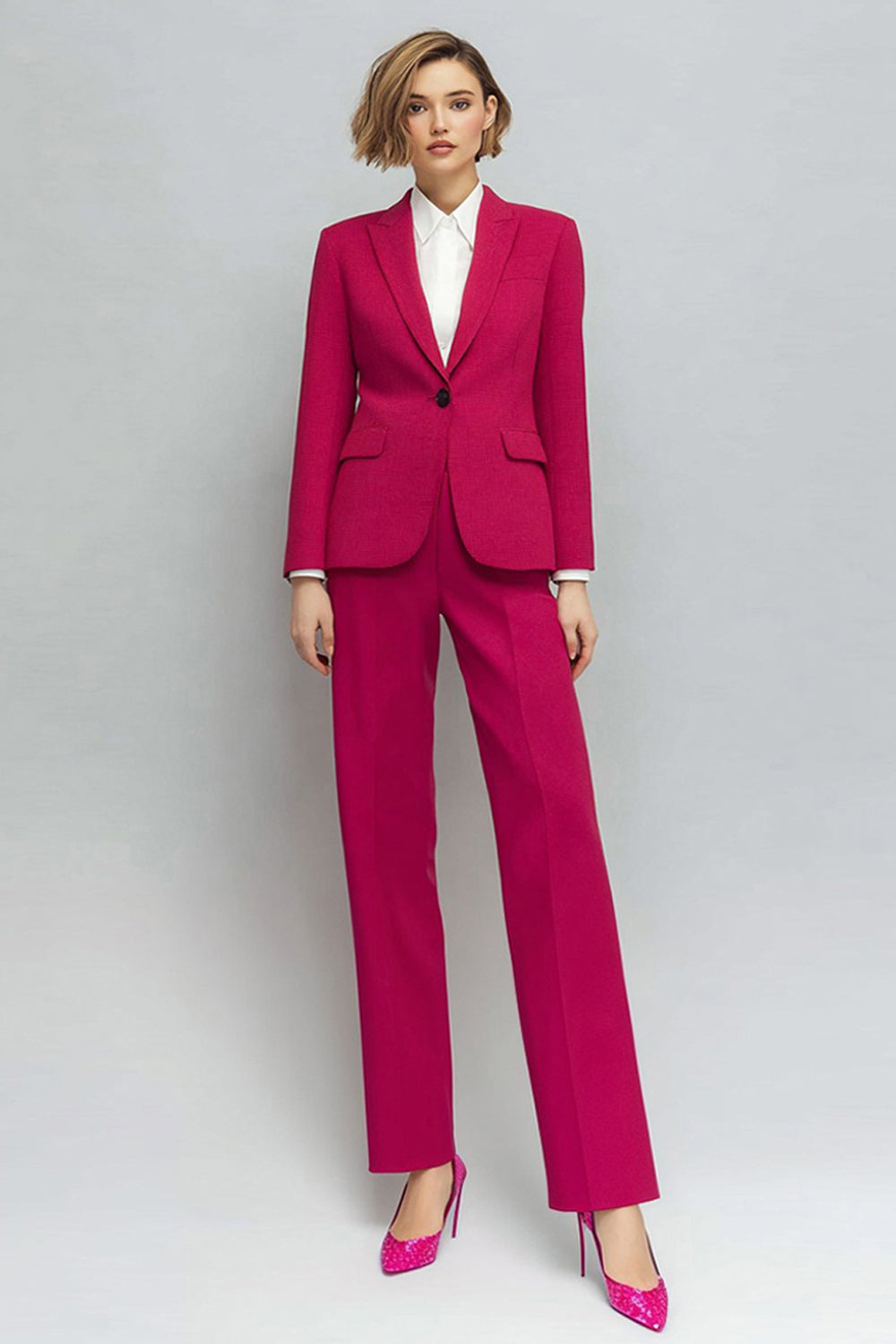 Fuchsia 2 Piece Long Sleeves Peak Lapel Fitted Prom Suits