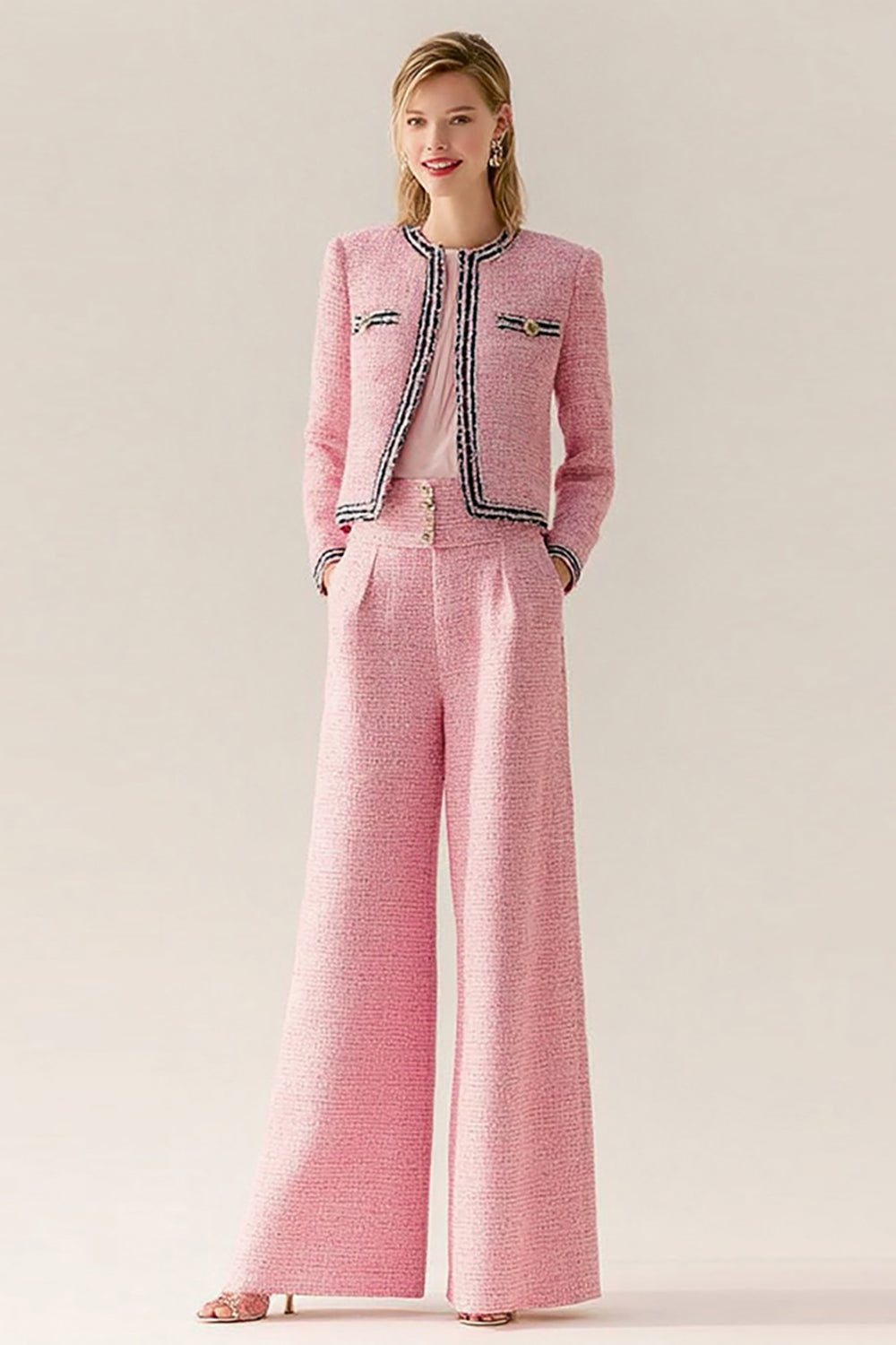 Pink Black 2 Piece Wide Leg Tweed Interview Outfits with Pockets