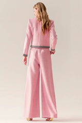 Pink Black 2 Piece Wide Leg Tweed Interview Outfits with Pockets