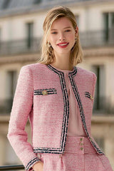 Pink Black 2 Piece Wide Leg Tweed Interview Outfits with Pockets