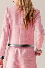 Pink Black 2 Piece Wide Leg Tweed Interview Outfits with Pockets