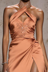 Sparkly Orange Halter Satin Mermaid Long Pageant Dress with Beading