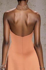 Sparkly Orange Halter Satin Mermaid Long Pageant Dress with Beading