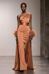 Orange One Shoulder Satin Mermaid Long Formal Dress with Feathers