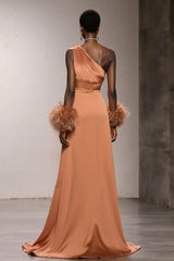 Orange One Shoulder Satin Mermaid Long Formal Dress with Feathers
