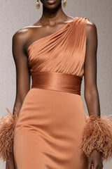 Orange One Shoulder Satin Mermaid Long Formal Dress with Feathers