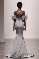 Sparkly Silver Off the Shoulder Satin Mermaid Long Pageant Dress with Sequins