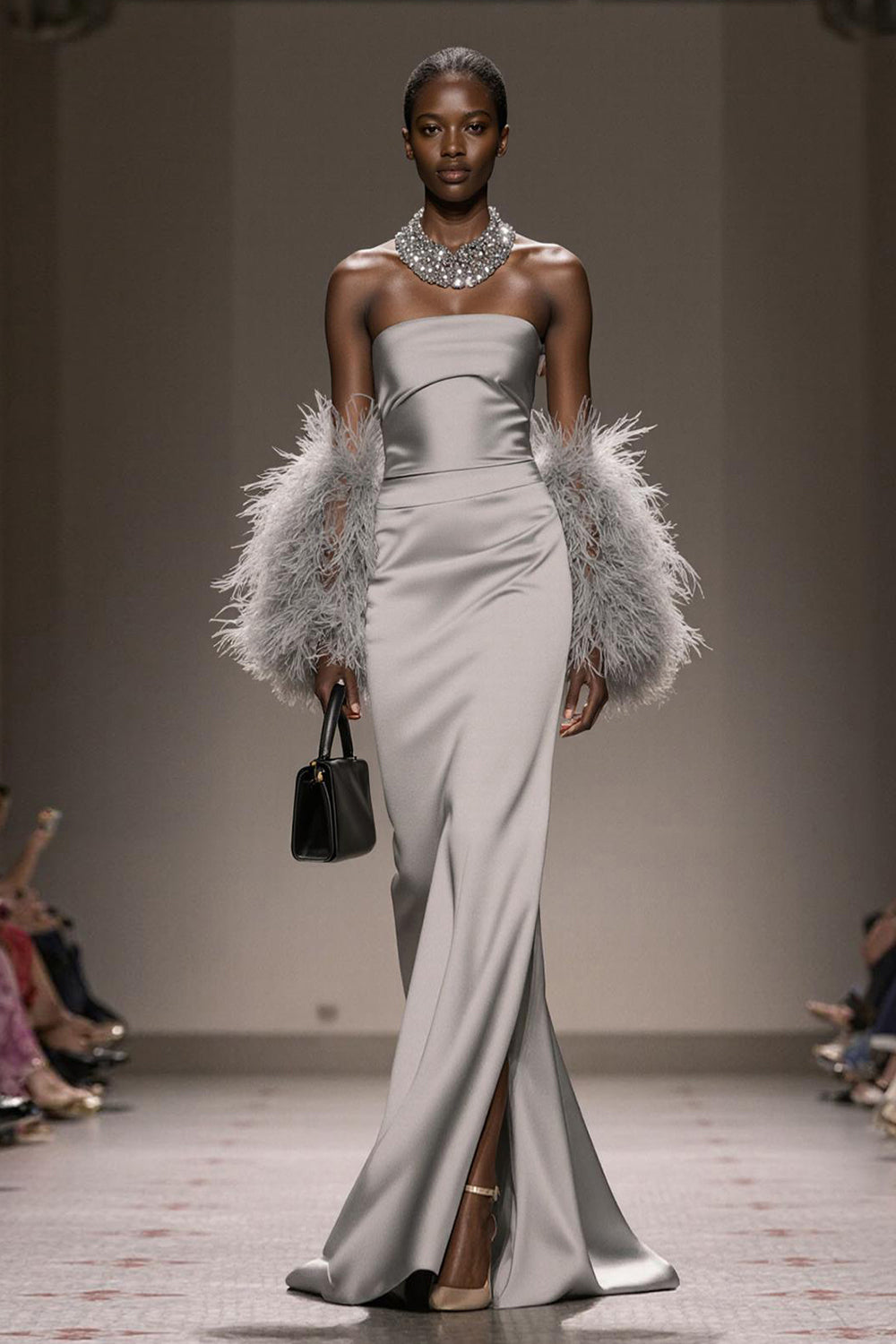 Silver Satin Mermaid  Strapless Long Formal Dress with Slit