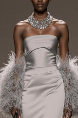 Silver Satin Mermaid  Strapless Long Formal Dress with Slit