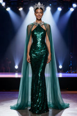 Sparkly Dark Green Sequin Mermaid Halter Long Pageant Dress with Cape