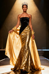 Sparkly Gold Mermaid Strapless Long Pageant Dress with Shawl