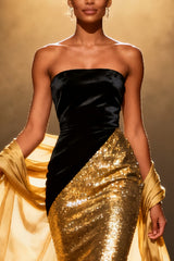 Sparkly Gold Mermaid Strapless Long Pageant Dress with Shawl