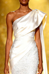 Sparkly White Mermaid Sequins One Shoulder Long Pageant Dress with Side Cape