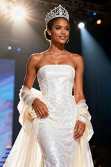 Sparkly White Sequins Mermaid Strapless Long Pageant Dress
