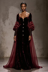 Burgundy Velvet Long Sleeves Formal Dress with Cape