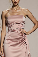 Simple Light Pink Satin Strapless Long Formal Dress with Slit
