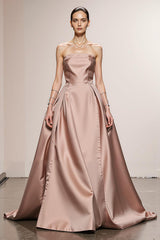 Simple Light Pink A Line Satin Strapless Long Formal Dress