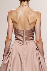 Simple Light Pink A Line Satin Strapless Long Formal Dress